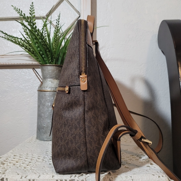 Michael Kors Brown Unisex Rhea Zip Medium Slim MK Signature Logo Backpack - Picture 4 of 14